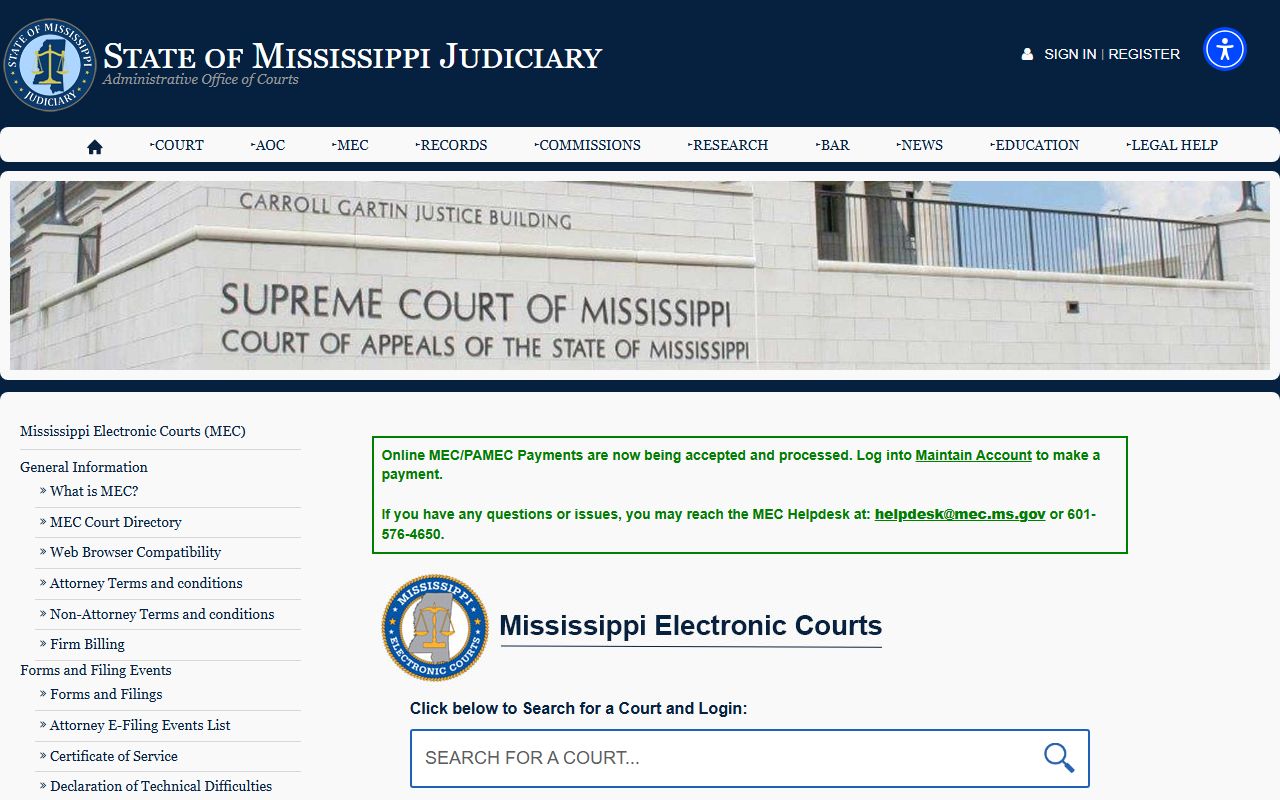 Webster County court records after arrest Mississippi Electronic Courts access page